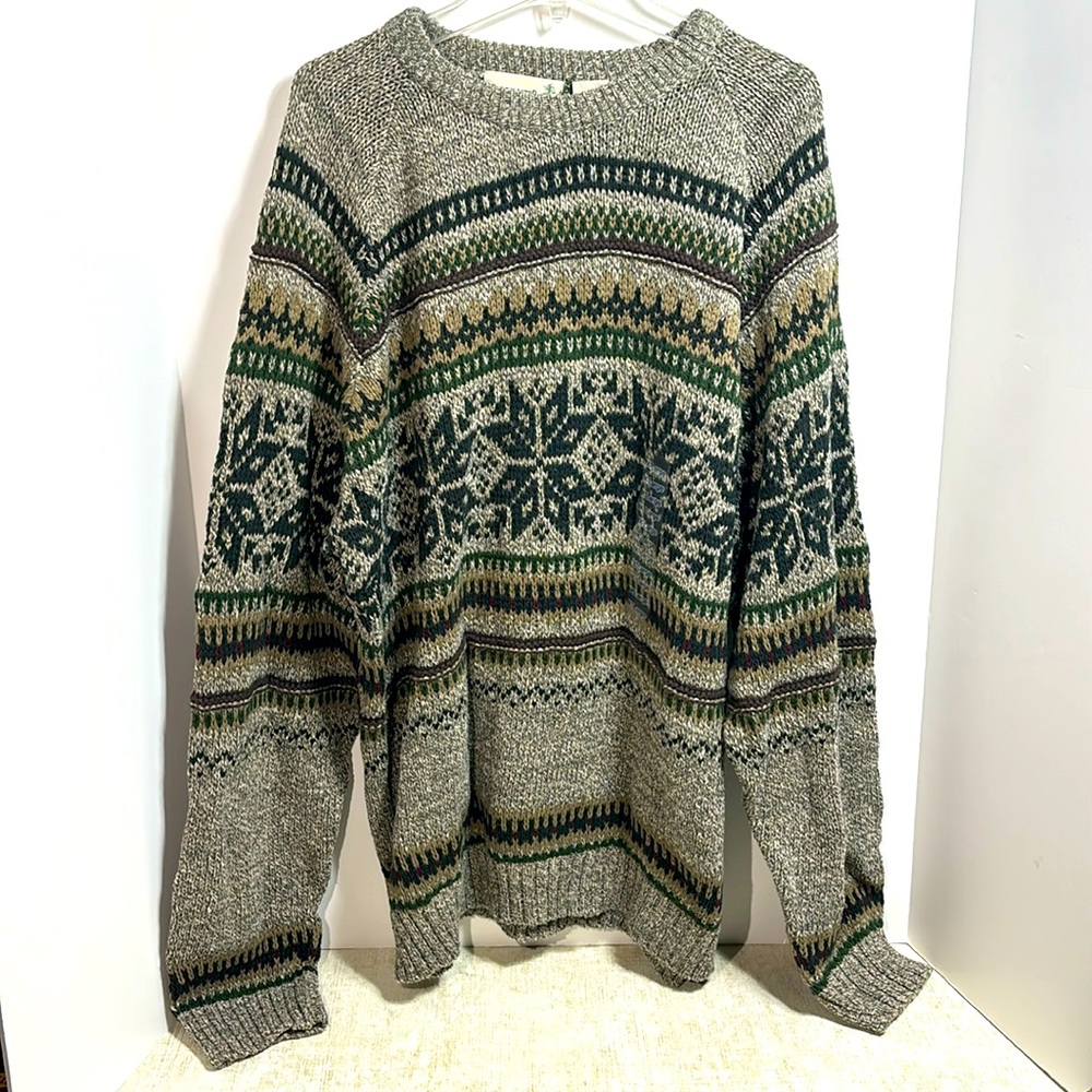 Vintage "FieldMaster" Tan & Olive Green Cotton`/Acrylic Snowflake Sweater XL